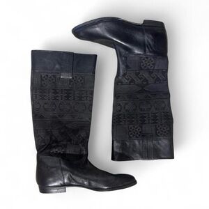 Rare Vintage Black Leather Tall Western Boots – Embossed Southwestern Panel – 8